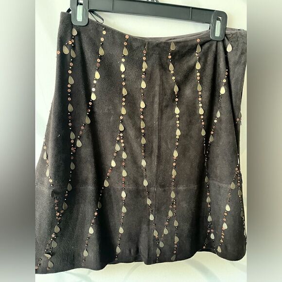 Lafayette 148 New York Skirt Womens 8 Brown Suede Beaded Embellished - Picture 1 of 5